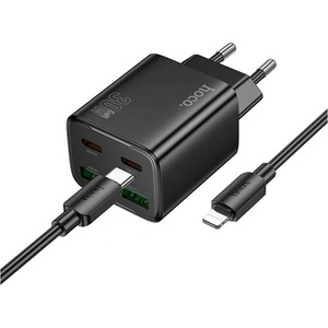 hoco. N56 зарядно устройство 2 USB+2 гнезда Type-C 30W, бързо зарядно PD 3.0 + кабел Lightning, ЧЕРНО N56_LIGHTNING_B (N56_LIGHTNING_B)