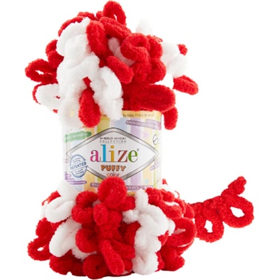 Alize příze Puffy color 6574 červená, bílá