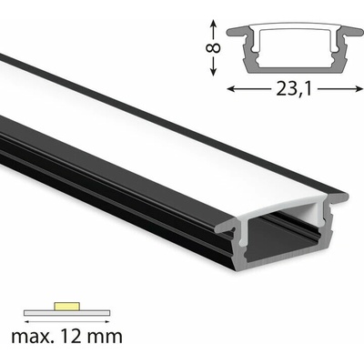 ML-761.373.43.3 Vestavný hliníkový profil VP, 23x8 mm černý včetně mléčného difuzoru, 3 m