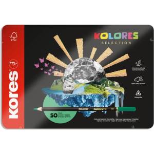 Kores Комплект цветни моливи, триъгълни, метална кутия, KORES "Kolores Selection", 50 различни цвята 93351 (93351)