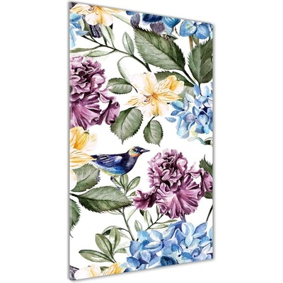 Vertikálny fotoobraz na skle Kvety a vtáky 50x100 cm