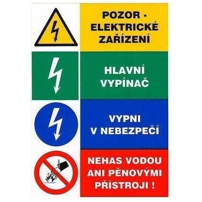 Tabulka - Pozor elektrické zařízení Hlavní vypínač Vypni v nebezpečí Nehas vodou, samolepka A5