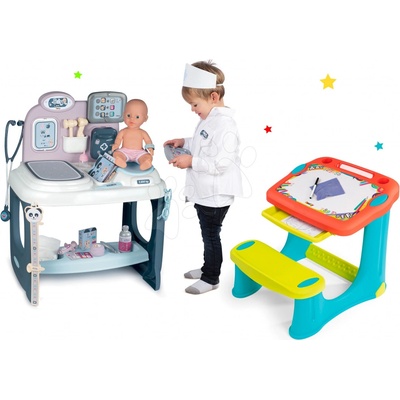 Smoby Set zdravotnický pult pro lékaře Baby Care Center s lavicí na kreslení s omalovánkami