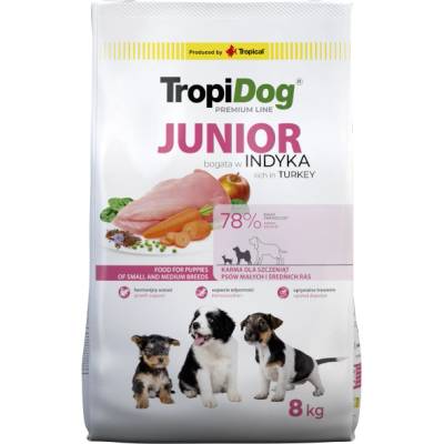 TropiDog Premium Junior за малки и средни породи, богат на пуйка и ориз, 8 кг