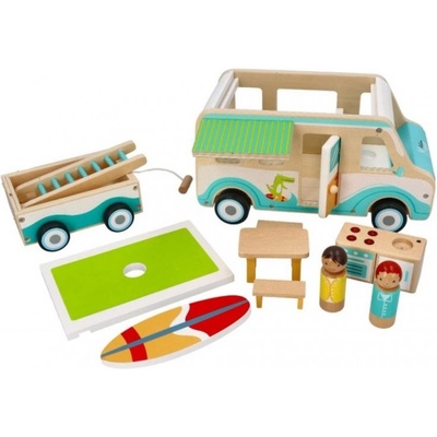 Adam Toys Dřevěnný autokaravan s přívěsem a příslušenstvím