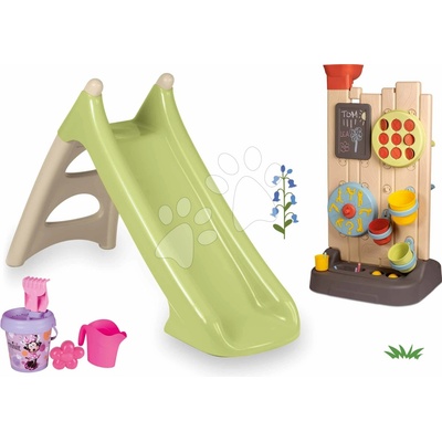 Smoby Set šmykľavka s vodnou hrou a hracia stena s aktivitami XS Slide Green Life dĺžka šmyku 90 cm a vedro set Minnie