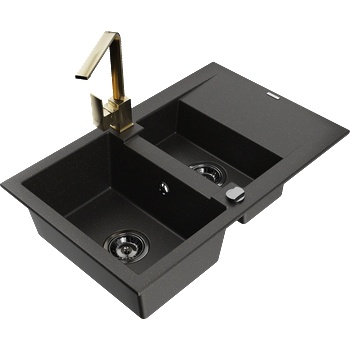 Mexen Gaspar гранитна мивка 1, 5-камерна с утаечник и кухненски смесител Rita, черен/златен - 6507-75-670300-50-B (6507-75-670300-50-B)