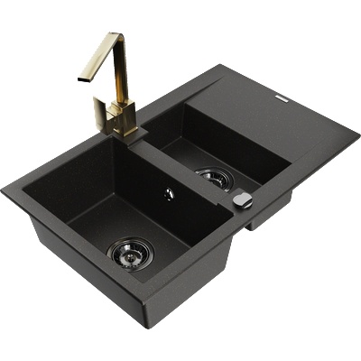 Mexen Gaspar гранитна мивка 1, 5-камерна с утаечник и кухненски смесител Rita, черен/златен - 6507-75-670300-50-B (6507-75-670300-50-B)