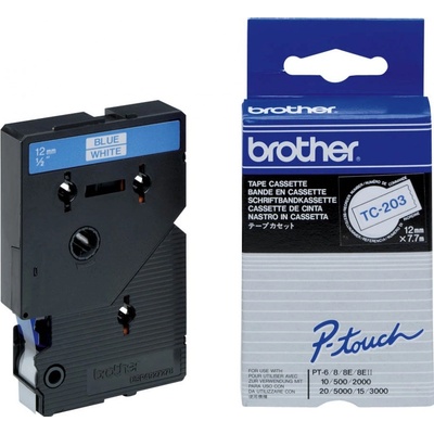 Brother TC-203, 12mm x 7,7m, modrá tlač / biely podklad, originálna páska