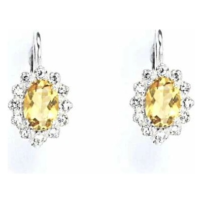 Čištín Zlaté náušnice s diamanty, přírodní citrín pálený 7x5 mm, bílé i žluté zlato - VE 247