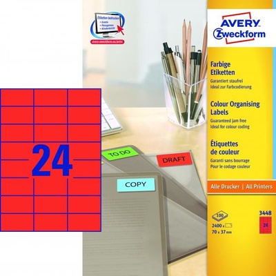 Etikety farebné 70x37mm Avery A4 100 hárkov červené