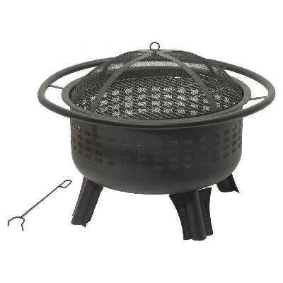 Dekorativní kulaté kovové ohniště- koš na oheň s grilovací mřížkou, černá / měď, průměr 80 cm