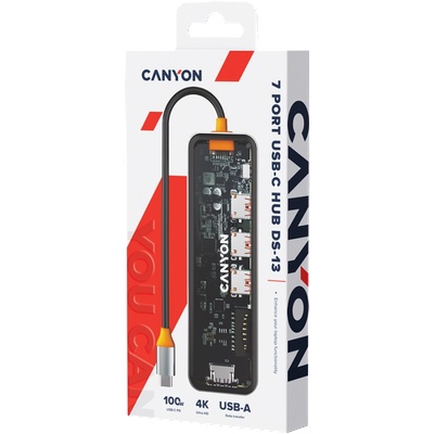 CANYON DS-13, USB-hub, Size: 137.9mm*42.7mm*15mm Weight: 167.5gCable length: 155mm Material: Zinc alloy+Tempered glass+TPE Port: Type-C To USB3.0*3(5Gbps)+SD/TF 3.0(5Gbps)+HDMI(4K@30Hz), Space Grey (CNS-TDS13)