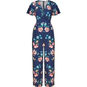 Yumi Women's Navy Floral Angel Sleeve Jumpsuit - Navy