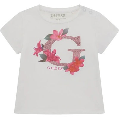GUESS Бяла тениска за бебе момиче с розово G с глитери и цветя Guess
