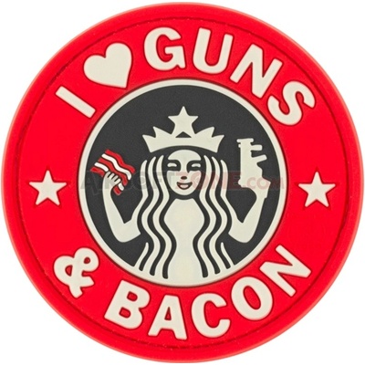 Gumová nášivka Jackets to Go nápis Guns and Bacon - červená