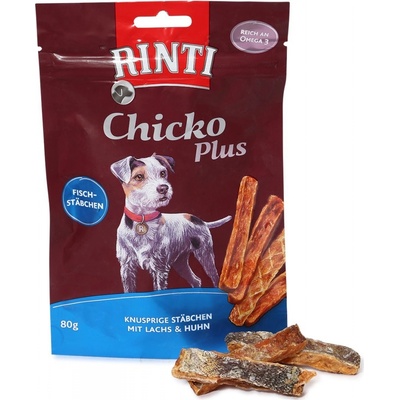 RINTI Extra Chicko Plus rybí tyčinky s lososem a kuřecím masem 80 g