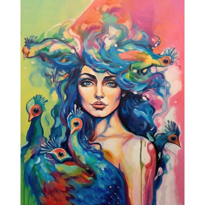 ZUTY Obrazy na stenu - Abstrakt - žena s pávmi Rámovanie: bez rámu a bez vypnutia plátna, Rozmer: 40x50 cm