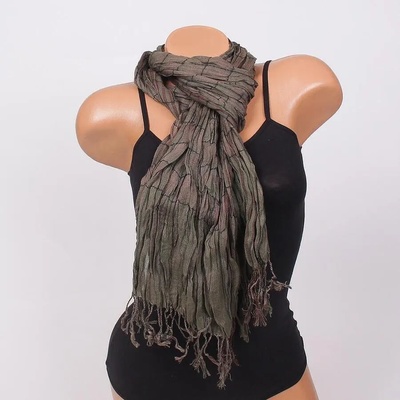 Стилен шал в кафяво и зелено с ресни