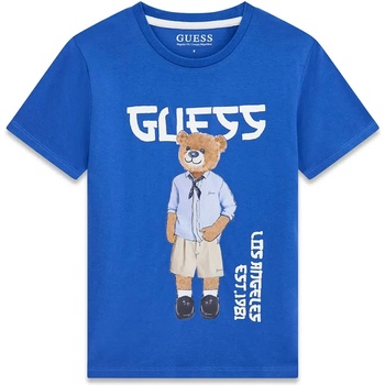 GUESS Ярко синя тениска за момче с цветно мече и бял надпис Guess
