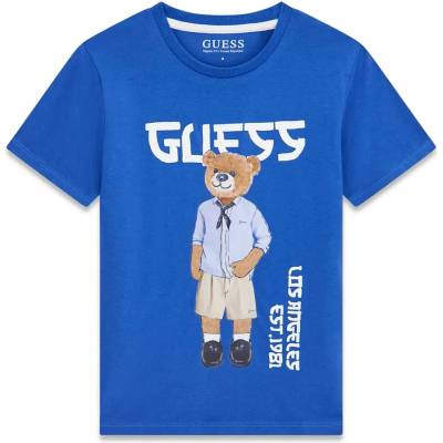GUESS Ярко синя тениска за момче с цветно мече и бял надпис Guess