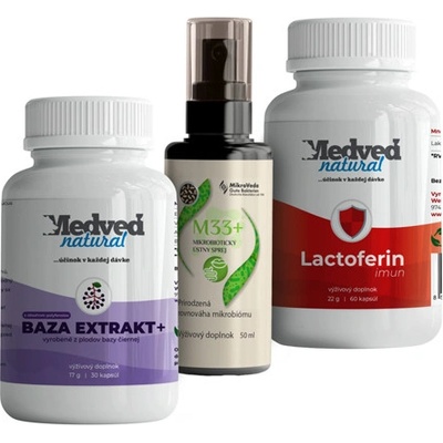 Medveď natural Imunitný balíček Baza extrakt+ 30 kapsúl + M33+ 50 ml a Lactoferin IMUN 60 kapsúl
