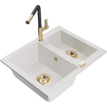 Mexen Carlos гранитна кухненска мивка 1, 5-камерна с батерия Flora, бяла (6518-20-670401-57-G)