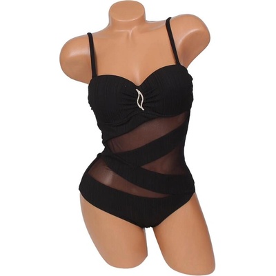 Стилен цял бански в черно с бижу и тюл