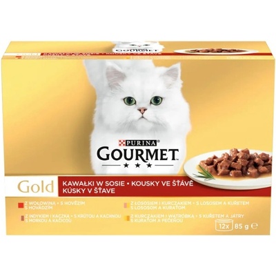 Gourmet Gold kúsky v šťave hovädzie/morka s kačkou/losos s kuraťom/kura s pečeňou 12 x 85 g