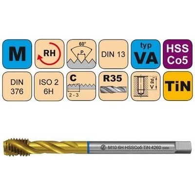 NÁSTROJE CZ Závitník strojní M12x1,75 ISO2 HSSCo5 TiN DIN 376 RSP35 - 4260 - CZZ4260-M12-ISO2
