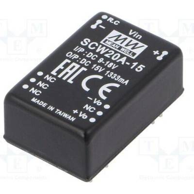 MEAN WELL SCW20A-15 Měnič: DC/DC; 20W; Uvst: 9÷18VDC; Uvýst: 15VDC; Ivýst: 1333mA; DIP24