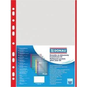 DONAU Document T-Shirts PP, A4, crystal, 40micre, colorful hem - red, 100pcs