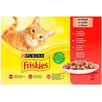 Friskies pre dospelé mačky s hovädzím kuraťom jahňacím a kačicou v šťave 4 x 85 g