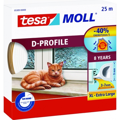 Tesamoll Gumové těsnění na okna a dveře D profil, extra široké 3-7 mm bílá, 25 m x 9 x 7 mm