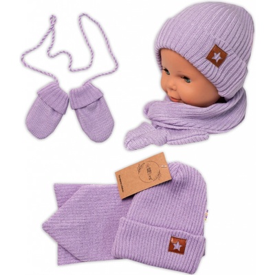 Baby Nellys Pletená čiapka so šálom a rukavičky v STAR fialová