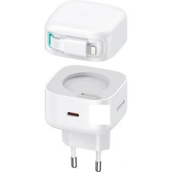USAMS Захранване за ел. мрежа с USB-C изход и вграден Lightning кабел - Usams GaN Wall Charger With Magnetic Retractable Lightning Cable 35W (бял) (US-CC202)