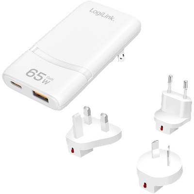 LogiLink Двойно USB GaN зарядно устройство за пътуване, 65W, изключително тънко, 1x USB-C (PD), 1x USB-A (QC), бяло