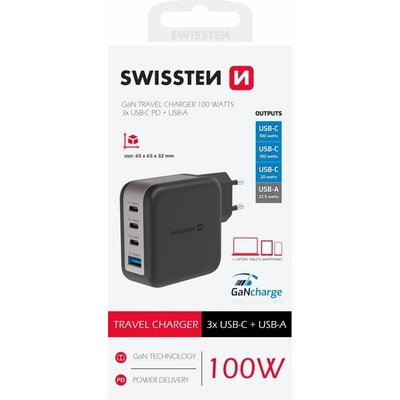 SWISSTEN SÍŤOVÝ ADAPTÉR GaN 3x USB-C 100W PD + 1x USB-A 18W QC ČERNÝ | Zboží Auto