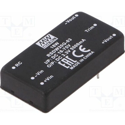 MEAN WELL RSDW20G-03 Měnič: DC/DC; 20W; Uvst: 18÷75VDC; Uvýst: 3,3VDC; Ivýst: 5500mA; DIP