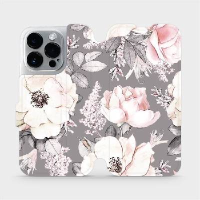 Flipové pouzdro Mobiwear - Apple iPhone 14 Pro - MX06S Květy na šedém pozadí (Knížkové flip pouzdro, obal, kryt na mobil Apple iPhone 14 Pro - MX06S Květy na šedém pozadí, materiál Umělá kůže + TPU -
