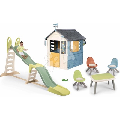 Smoby Set šmykľavka a domček pre meteorológov Super Megagliss 2v1 Life s nastaviteľnou dĺžkou šmyku a stolík s troma stoličkami Kidchair