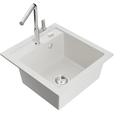 Mexen Vito гранитна мивка с 1 камера и кухненски смесител Flora, бял - 6503-20-670401-00 (6503-20-670401-00)