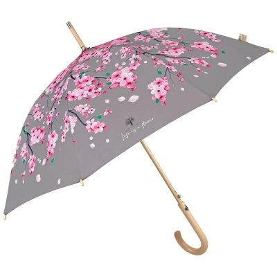 Дамски автоматичен голф чадър Perletti Green 19155, Черешови цветчета