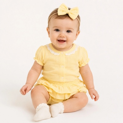 Baby Nellys 3-dielna mušelínová súpravička body kraťasky+čelenka GIRL, žltá