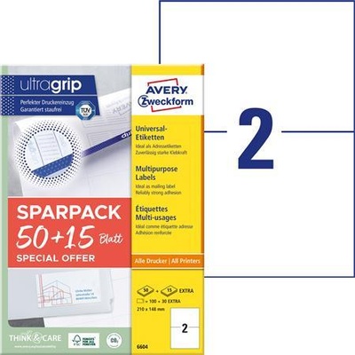 Avery-Zweckform Етикет, универсален, 210x148 mm, AVERY ZWECKFORM, "Sparpack", 130 етикета в опаковка 6604 (6604)
