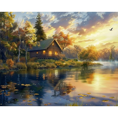 ZUTY Obrazy na stenu - JAZERO, CHATA A ZÁPAD SLNKA Rámovanie: bez rámu a bez vypnutia plátna, Rozmer: 40x50 cm