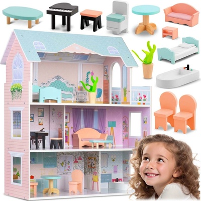 Ricokids Veľký 3-poschodový drevený domček pre bábiky RK-878