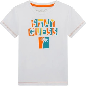 GUESS Бяла тениска с трицветен надпис Stay Guess за мини момче