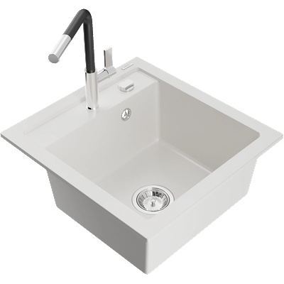 Mexen Vito мивка гранитна еднокамерна с кухненски смесител Flora, бял - 6503-20-670401-07 (6503-20-670401-07)