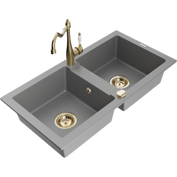 Mexen Mario гранитна мивка с 2 корита и кухненски смесител Carla, сив - 6504-71-670700-50 (6504-71-670700-50)